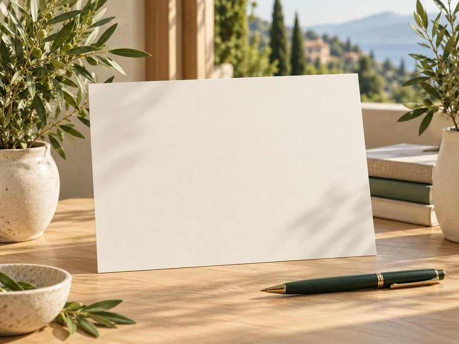 An ivory card on a desk with plants and a green pen