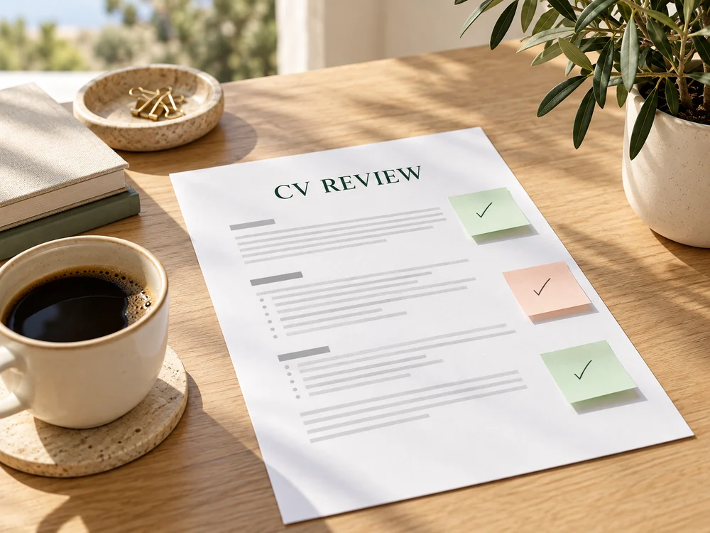 A CV review document with notes on a desk beside coffee and a plant