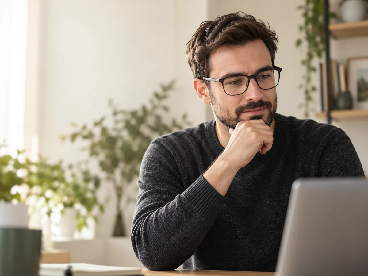 Illustrative image of a thoughtful job seeker at his desk